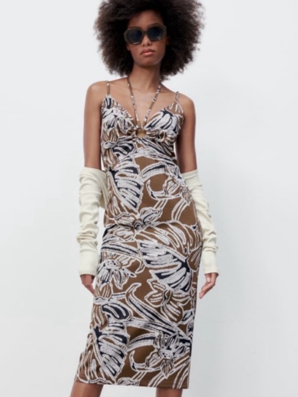Zara Brown Jacquard Floral-Print Midi Dress with Spaghetti Straps